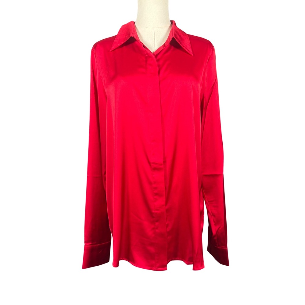 Andrea Iyamah Vana Satin Button Down Shirt Ruby Red Blouse Womens Large